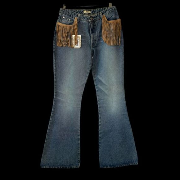Blumarine Bell Bottom High Rise Suede Fringe Pocket Trim Boho Jeans NWT …
